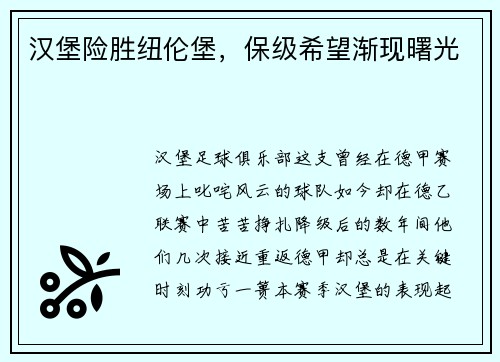 汉堡险胜纽伦堡，保级希望渐现曙光